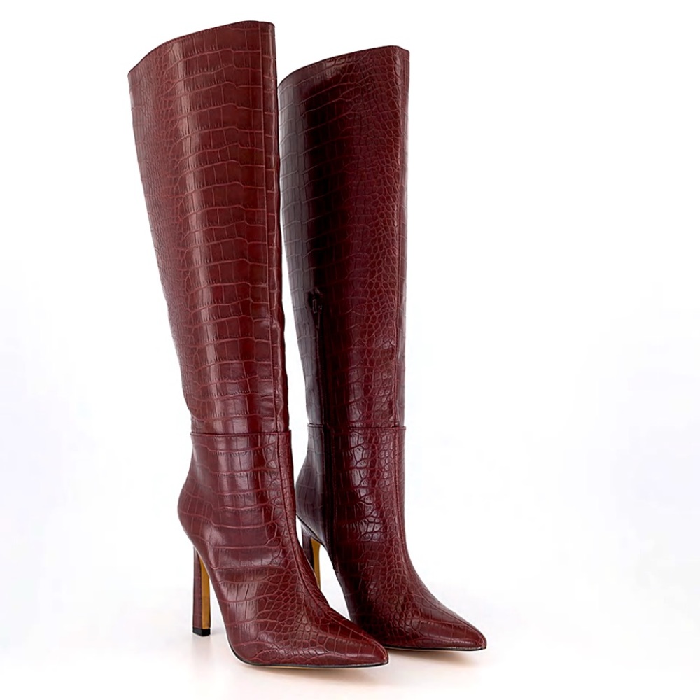 Office UK ‘Kitty’ Burgundy/Chestnut Croc Knee High Boots
